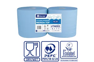 Czyściwo papierowe MERIDA TOP 28, długość 290 m, dwuwarstwowe, NIEBIESKIE, zgrzewka 2 sztuki, ECOLABEL
 Merida UTN002