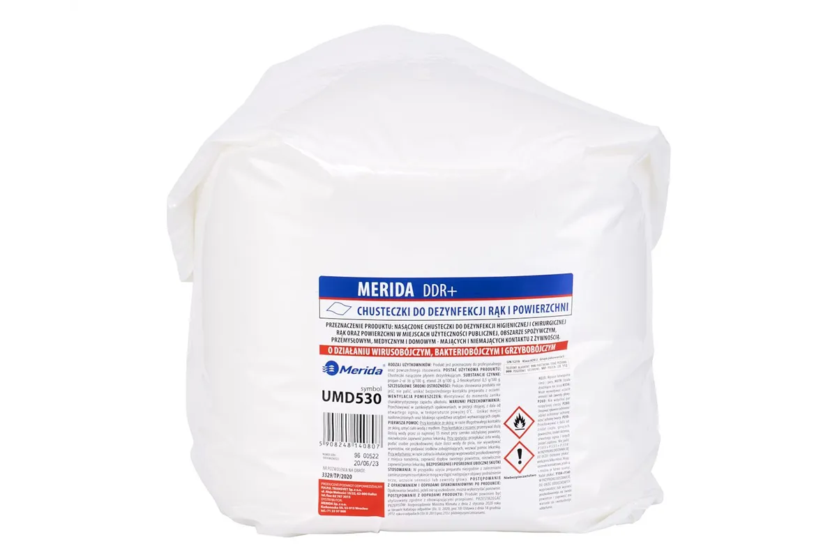 Chusteczki nasączone do dezynfekcji rąk i powierzchni MERIDA POLANA DDR+, wkład do wiadra 10 l, 122,36 m, 322 listki
 UMD530