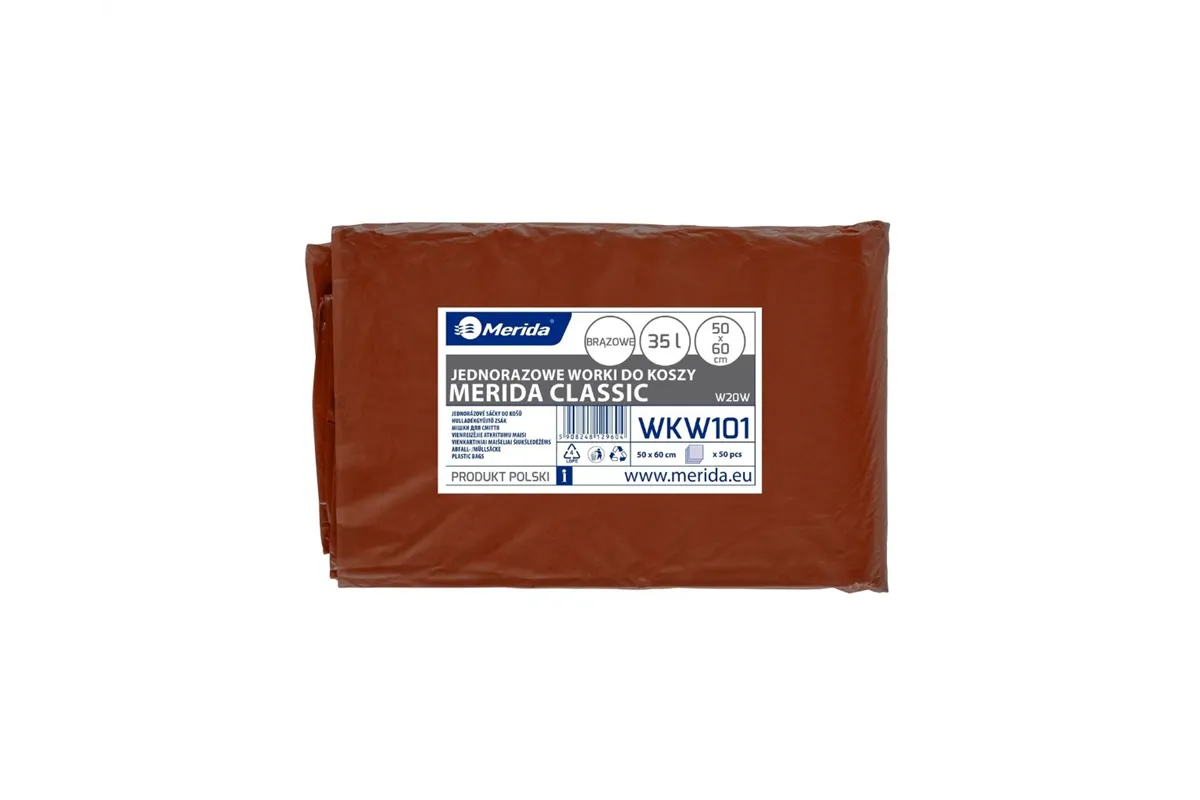 Worki na odpady BIO, MERIDA CLASSIC, 50 x 60 cm, pojemność 35 l, paczka 50 szt., BRĄZOWE, LDPE
 Merida WKW101