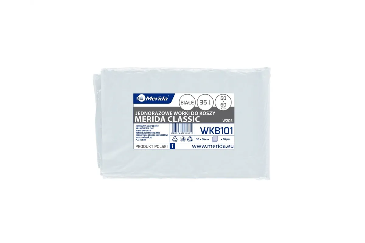 Worki na śmieci MERIDA, 50 x 60 cm, pojemność 35 l, paczka 50 szt., BIAŁE, LDPE
 Merida WKB101