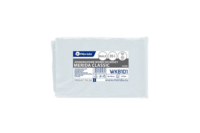 Worki na śmieci MERIDA, 50 x 60 cm, pojemność 35 l, paczka 50 szt., BIAŁE, LDPE
 Merida WKB101