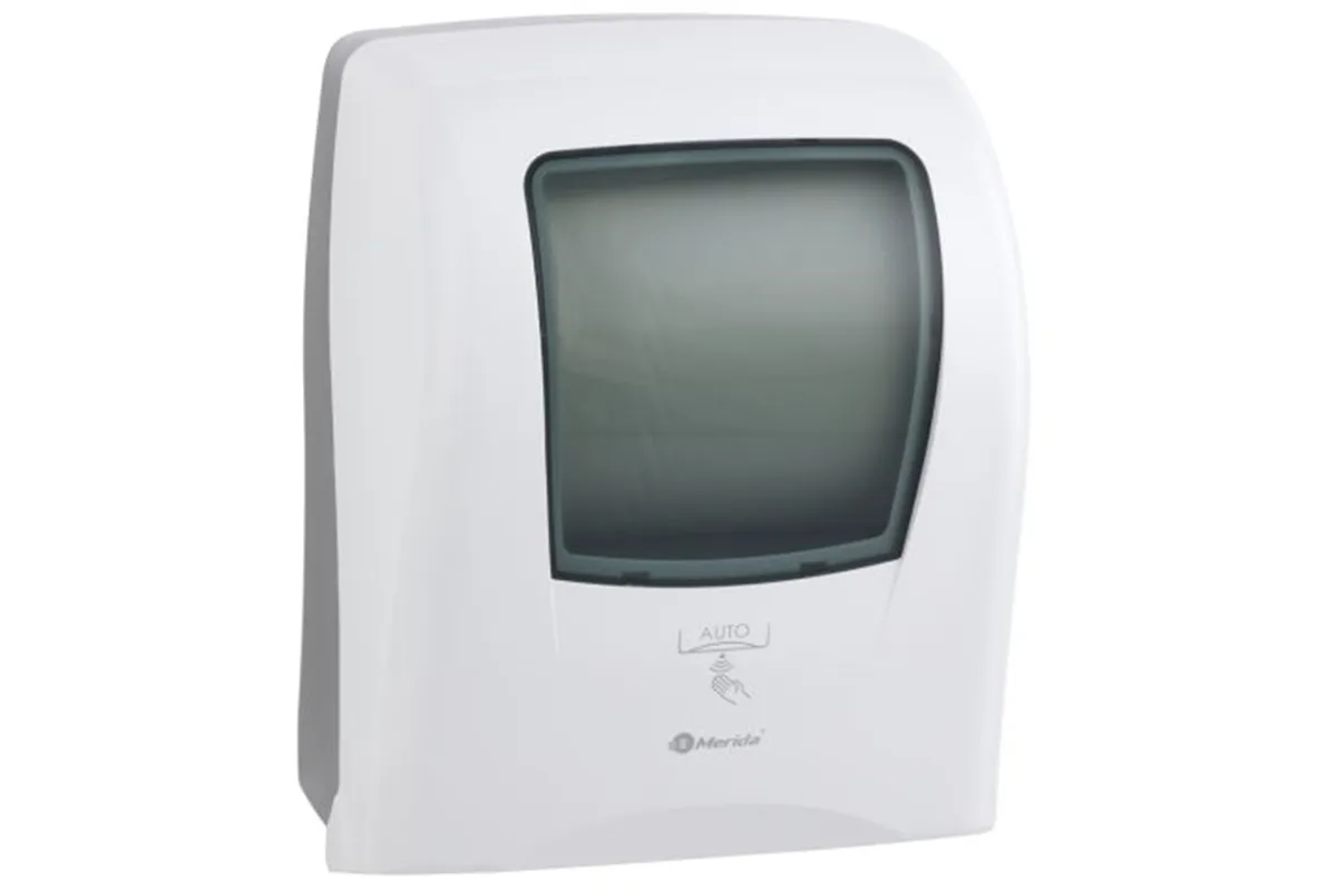 Automatyczny bezdotykowy podajnik ręczników papierowych w rolach MERIDA ONE AUTOMATIC MAXI, tworzywo ABS, biały
 Merida CEB501