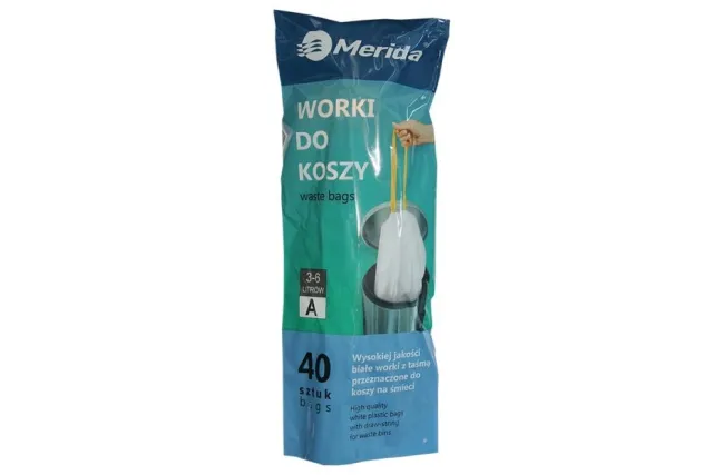 WORKI NA ŚMIECI MERIDA TOP 3-6 L, ROLKA 40 SZT., BIAŁE, Z TAŚMĄ ŚCIĄGAJĄCĄ, ZAPACHOWE MERIDA WTB001