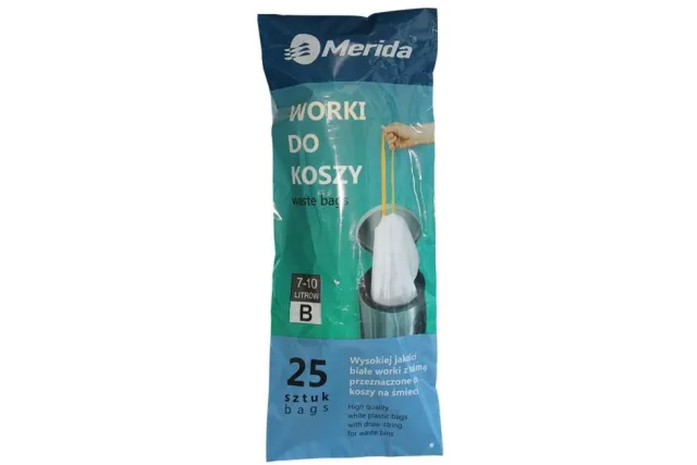 WORKI NA ŚMIECI MERIDA TOP 7-10 L, ROLKA 25 SZT., BIAŁE, Z TAŚMĄ ŚCIĄGAJĄCĄ, ZAPACHOWE MERIDA WTB101