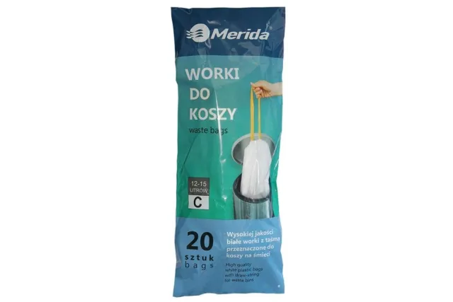 WORKI NA ŚMIECI MERIDA TOP 12-15 L, ROLKA 20 SZT., BIAŁE, Z TAŚMĄ ŚCIĄGAJĄCĄ, ZAPACHOWE WTB201